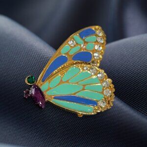 Vintage 90's Blue Teal & Gold Tone Enamel Rhinestone Butterfly Brooch